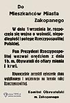 Odezwa do mieszkacw miasta Zakopanego informujca o ogoszeniu stanu wyjtkowego i wojennego. 