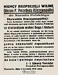 Odezwa Prezydenta Rzeczypospolitej do Narodu Polskiego z dnia 1.9.1939 "Niemcy rozpoczli wojn"