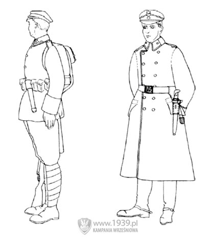 Po lewej: szeregowy w ubiorze polowym. Po prawej: oficer w ubiorze służbowym. Po lewej: szeregowy w ubiorze polowym. Po prawej: oficer w ubiorze służbowym.