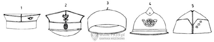 Nakrycia gowy Armii Polskiej we Francji: 1. czapka szeregowego, 2. czapka oficera sztabowego, 3. beret onierza 1. puku czogw, 4. hem francuski wz. 1915, 5. furaerka oficerska.