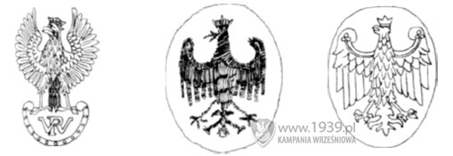 Od lewej: orzeł oficerów sztabowych, orzeł haftowany, orzeł tłoczony blaszce na hełm. Od lewej: orzeł oficerów sztabowych, orzeł haftowany, orzeł tłoczony blaszce na hełm.